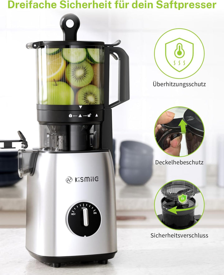 Kismile Entsafter, Slow Juicer mit 135 MM XL-Einfüllschacht, Hohe Saftausbeute für Ganze Gemüse und