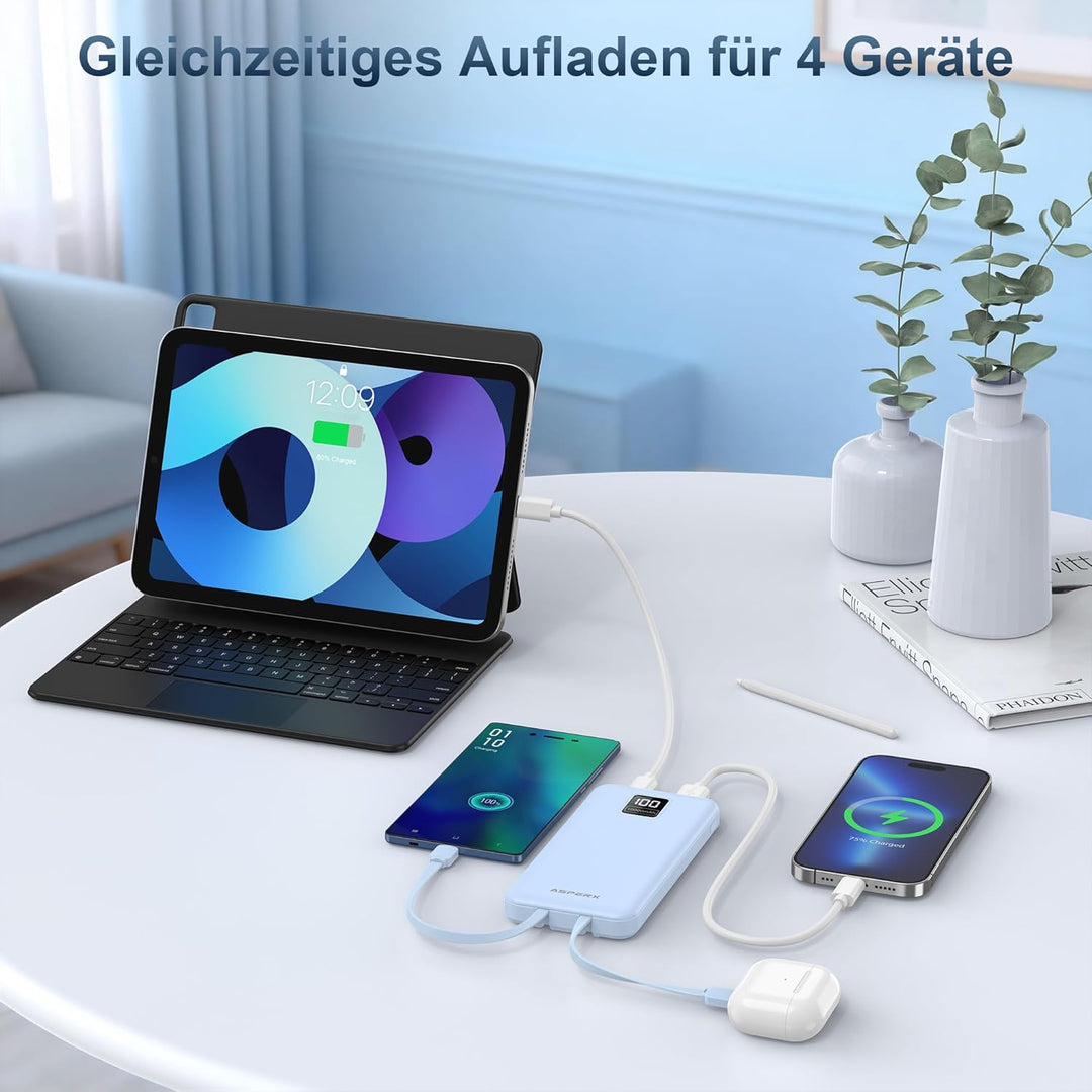 AsperX 2er Powerbank 10000mAh mit USB-C Kabel,4 Ausgängen Schnellladen,Power Bank Klein Aber Stark m