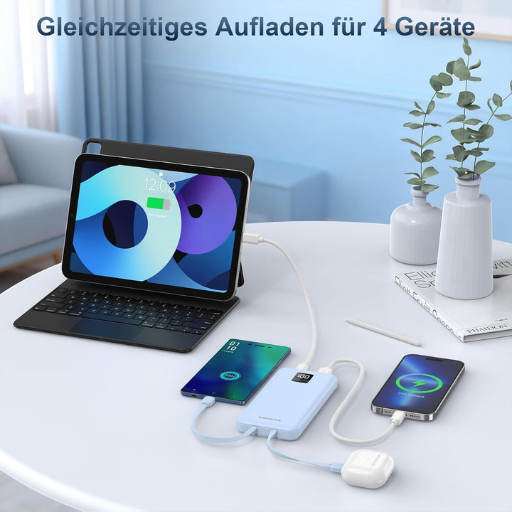 AsperX 2er Powerbank 10000mAh mit USB-C Kabel,4 Ausgängen Schnellladen,Power Bank Klein Aber Stark m