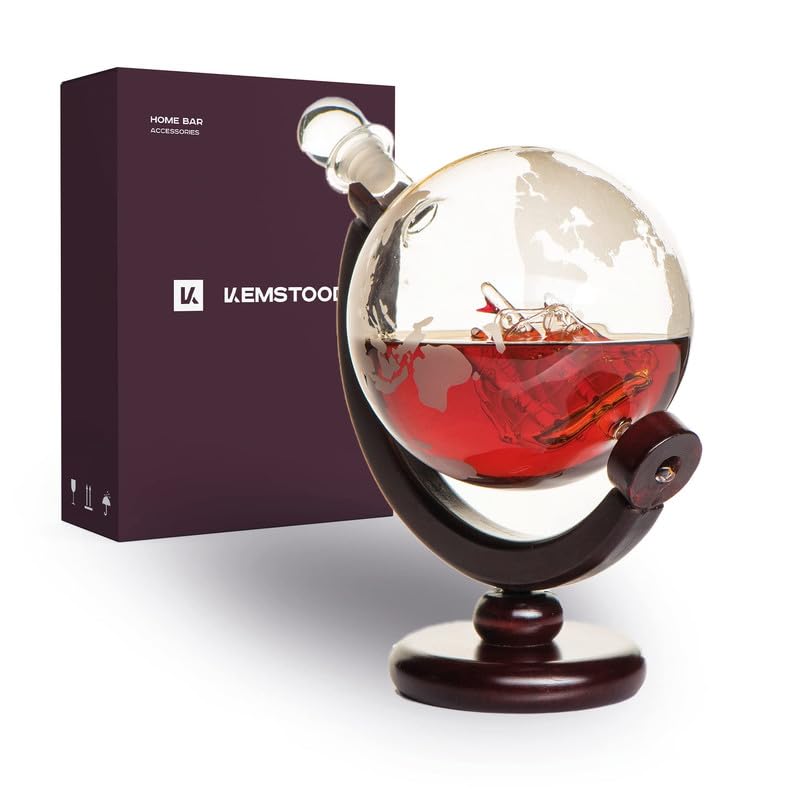 Kemstood Whisky Karaffe Globus Set (850 ml) - Edler Whiskey Decanter mit Gläser, Holzständer und ein