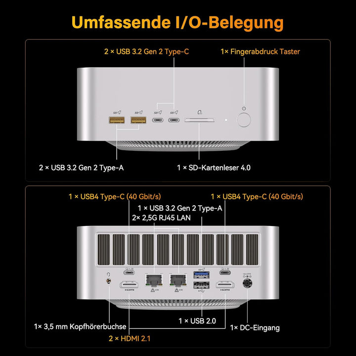 GEEKOM A9 Mega Mini PC, mit AMD Ryzen AI Max+ 395, 128GB RAM, 2TB PCIe 4.0 SSD, Verbesserte Kühlung