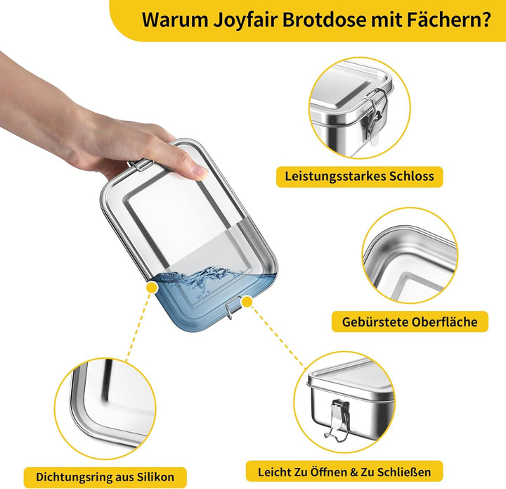 Joyfair Brotdose mit Fächern, 2 Stück Edelstahl Bento Box mit Abnehmbar Fächern für Erwachsene & Kin