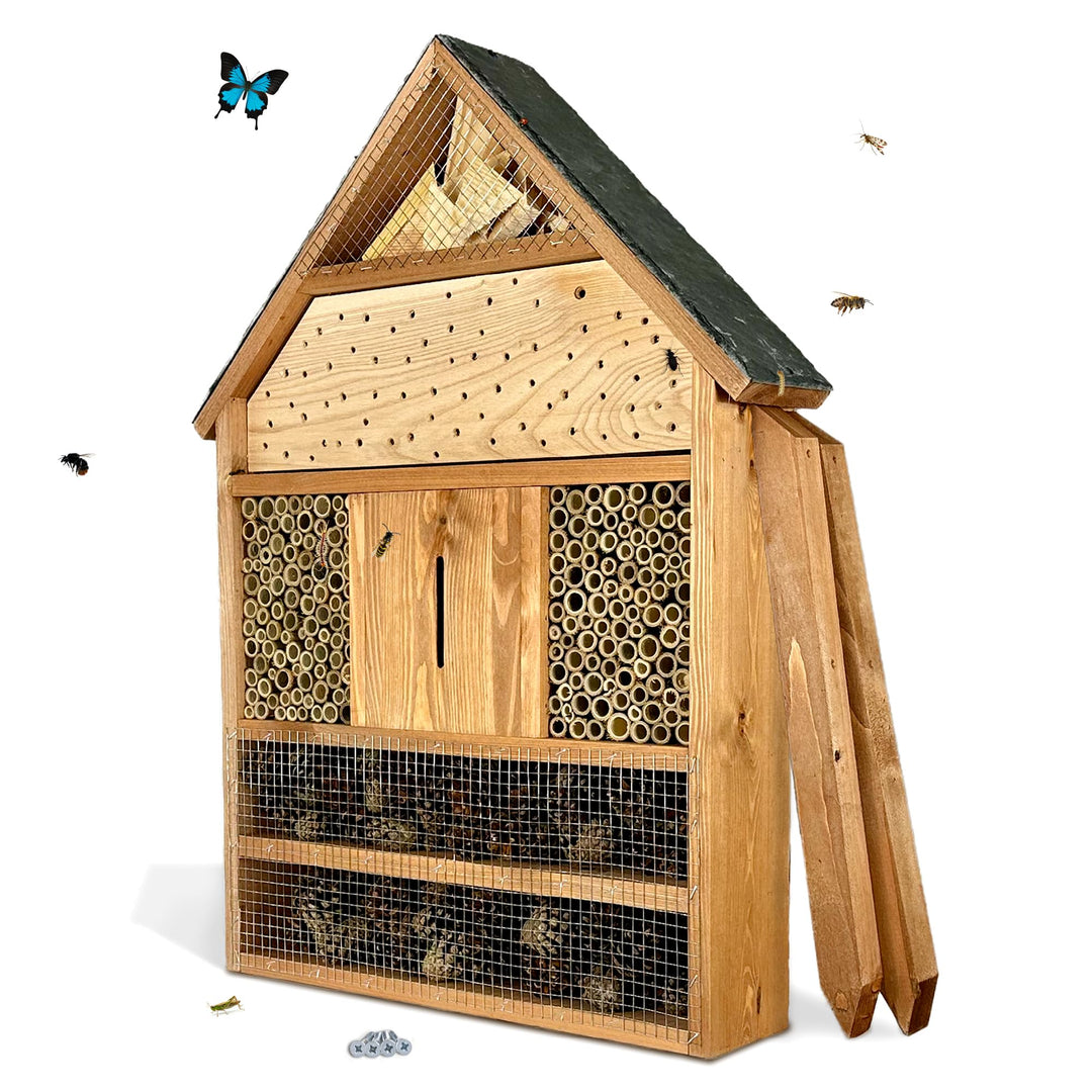 GARTENETAGE Insektenhotel XXL geölt mit Schieferdach/Naturbelassenes, massives Insektenhaus &amp; Bienen