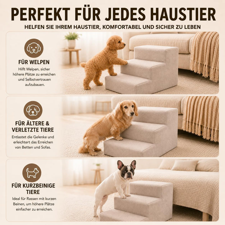 Muralo Hundetreppe 3 Stufen für Kleine Hunde und Katzen, Waschbar - Grau | Rutschfeste Haustiertrepp