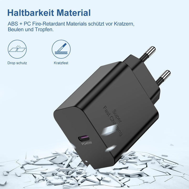 45W USB C Ladegerät für Samsung S25, Schnellladegerät mit Typ-C Ladekabel 2M, Fast Charger Adapter N