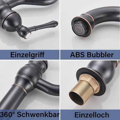Rozin Wasserhahn Bad Schwarz Retro Hoch Waschtischarmatur 360°Schwenkbar Einhebel Waschbecken Armatu