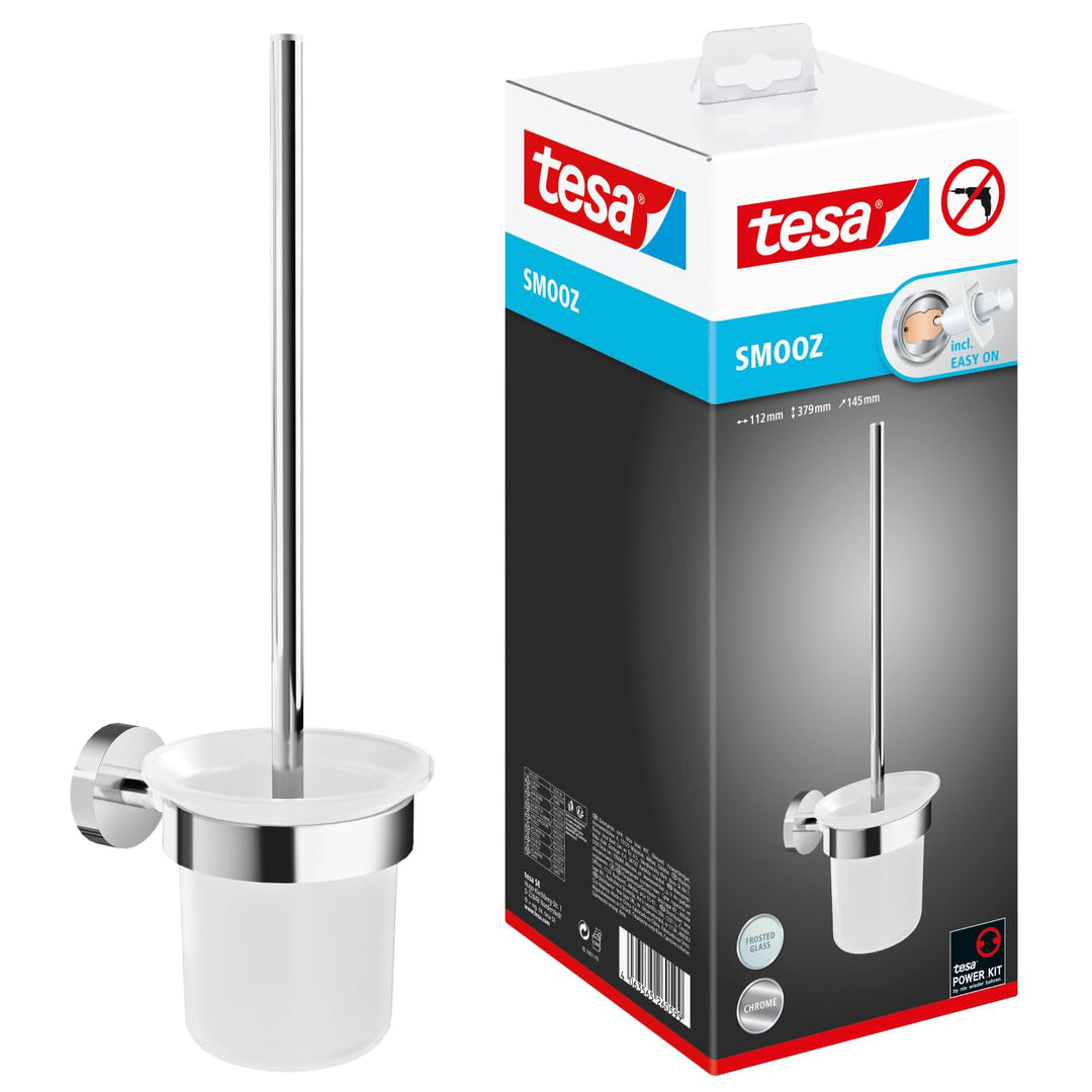 tesa SMOOZ WC-Garnitur, satiniertes Glas und verchromter Edelstahl - Toilettenbürsten-Set zur Wandbe