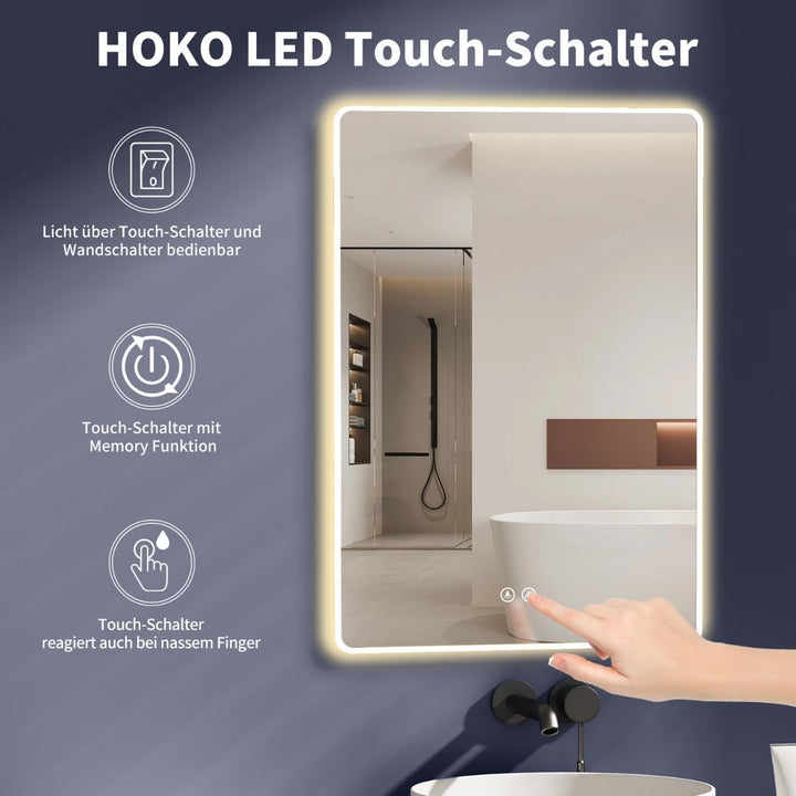 HOKO LED Badspiegel 50x70 cm / 70x50 cm Kansas mit Antibeschlag, Weisser Alurahmen, HOCH+QUER Montag
