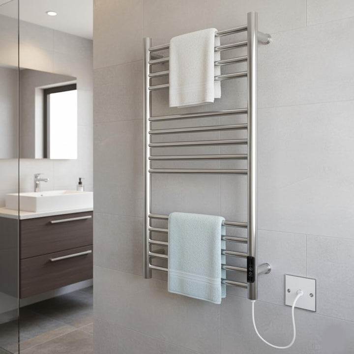 Manissa Siena Elektrischer Handtuchhalter aus Edelstahl mit Timer, hochglanzpoliert, energiesparend,