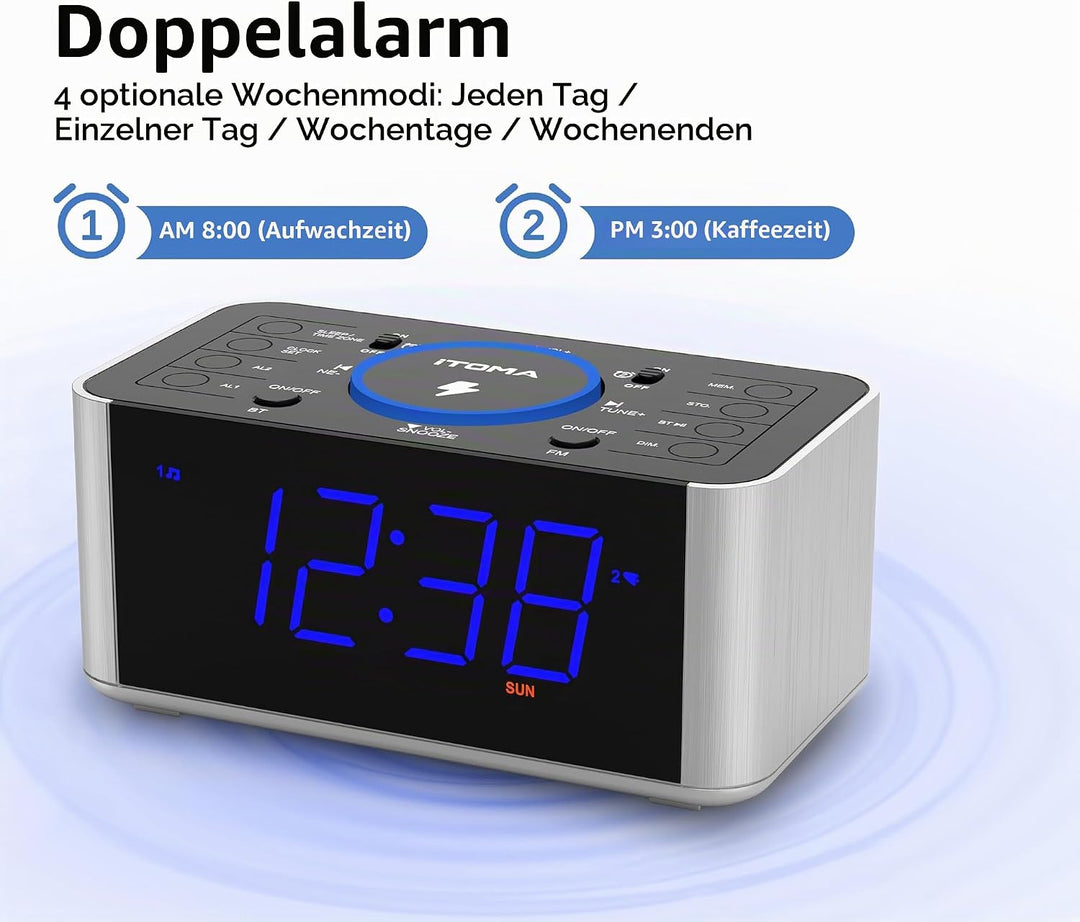 iTOMA Radiowecker Kabelloses Laden, Snooze, Digitales UKW-Radio mit Bluetooth Dual Alarm, Dimmer LED