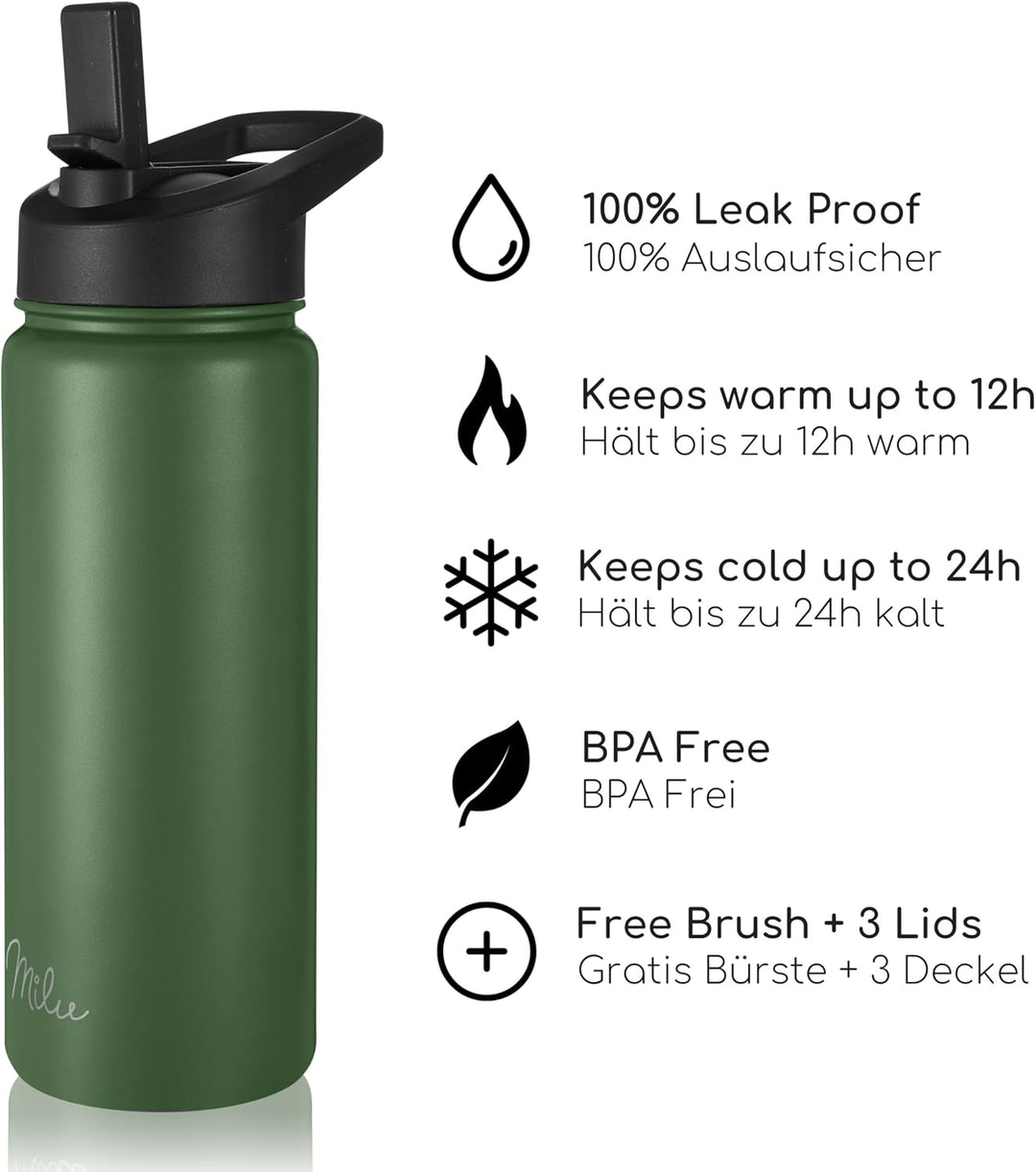 Milu Edelstahl Trinkflasche 500ml, 750ml, 1000ml (+3 Deckel) - Thermosflasche mit Strohhalm, Isolier