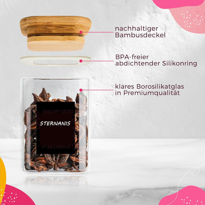 Happy Lemuro Gewürzgläser Eckig | 12er Set | Glas Vorratsdosen 180 ml, 279 Gewürzetiketten, Stift, H