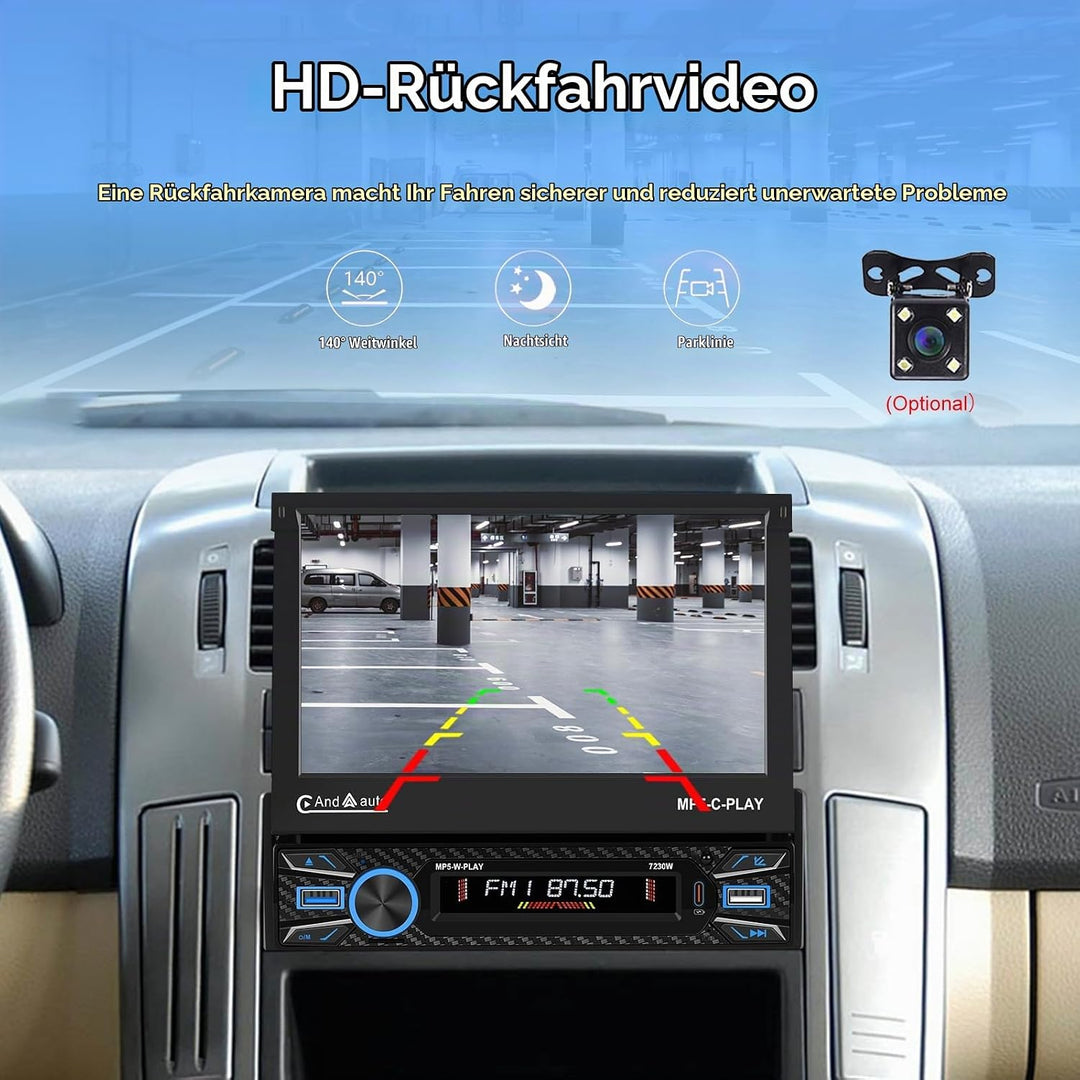 Hikity 1 Din Autoradio Wireless Carplay, 7 Zoll Bildschirm Touchscreen Motorisiertes Teleskop Displa