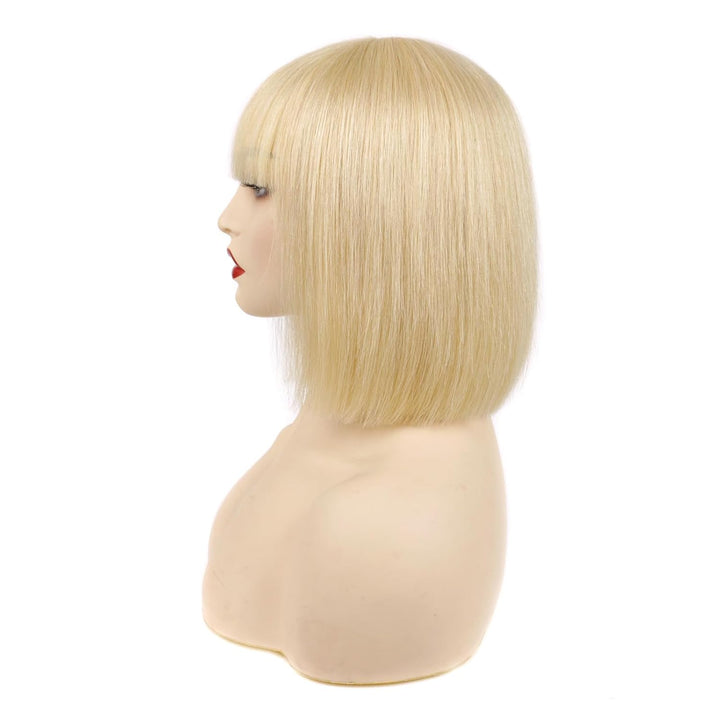 Huarisi 8 Inch Short Blonde Bob Wigs with Bangs Human Hair Straight 613 Color 8a None Lace Glueless
