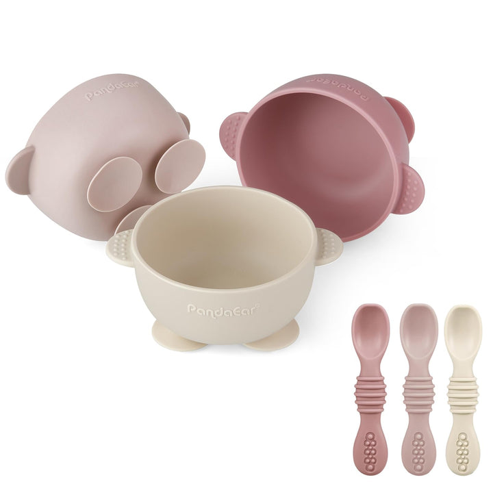 PandaEar 3 Pack Babysaugschalen &3 Babylöffel| Leckdichte Aufenthalts Silicon Food Bowl für Babys Ki
