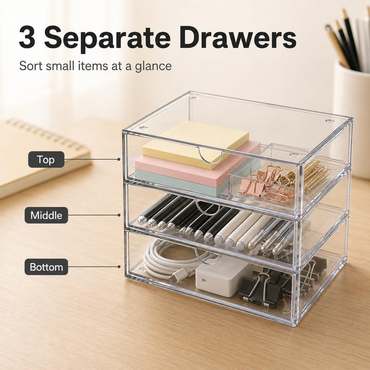 Schubladen Organizer Transparent, 3 Fächer Aufbewahrungsbox Stapelbar, Acryl Optik Schreibtisch Orga
