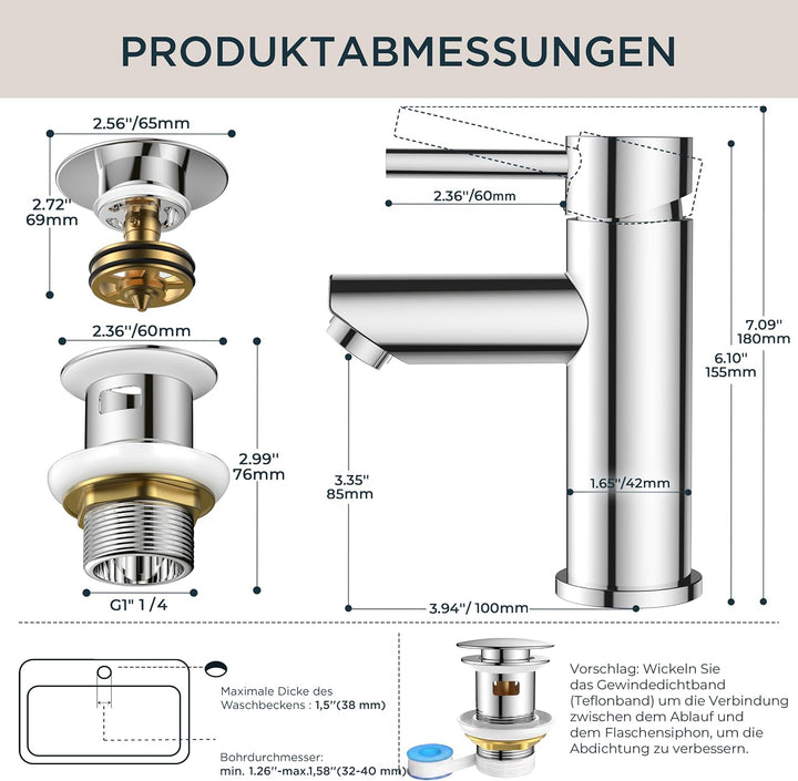 FORIOUS® Wasserhahn Bad, Edelstahl Waschbeckenarmatur mit Auslaufhöhe 85MM, Einhebel-Mischbatterie m