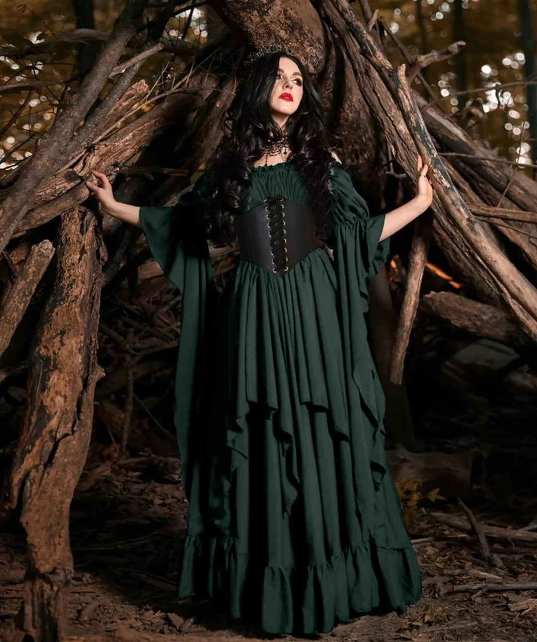 Halloween Kostüm Damen Mittelalter Renaissance Kleidung mit Korsett Gürtel Retro Maxikleid Viktorian