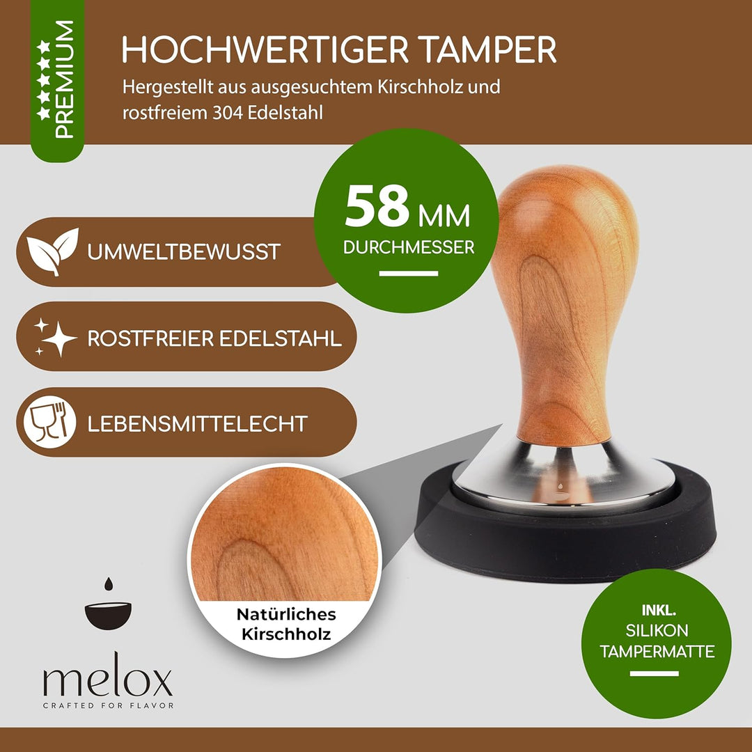 MELOX® - Premium Barista Tamper 58mm aus Edelstahl & Kirschholz (Klassisch) - Kaffee-Stampfer & Kaff