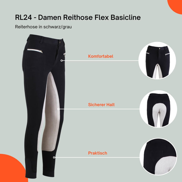 RL24 Damen Reithose Vollbesatz Flex BASICLINE 44 Schwarz/Grau, 44 Schwarz/Grau