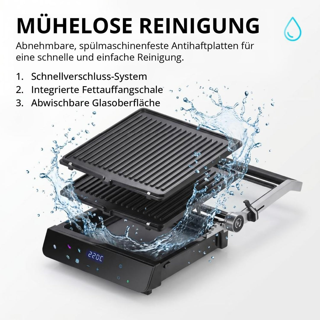 Eurel Kontaktgrill NG94 Elektrogrill 2000W | Panini Grill mit Smart Sensor, 180° aufklappbar, Garstu
