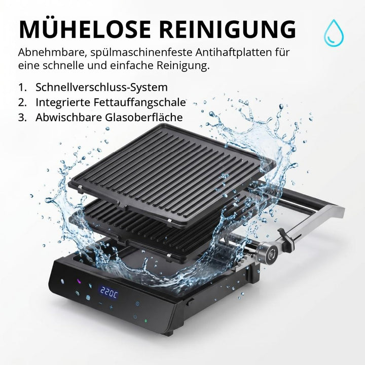 Eurel Kontaktgrill NG94 Elektrogrill 2000W | Panini Grill mit Smart Sensor, 180° aufklappbar, Garstu