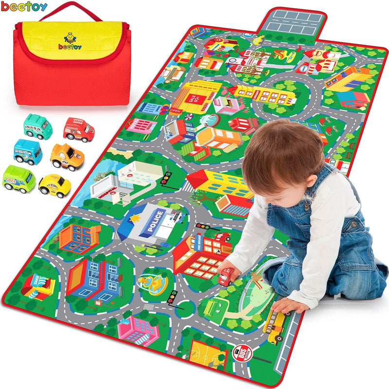 beetoy Spielteppich Kinderzimmer 80x150cm, Autospielmatte mit 6 Autos, Grosse Bahnmatte Reisespielze