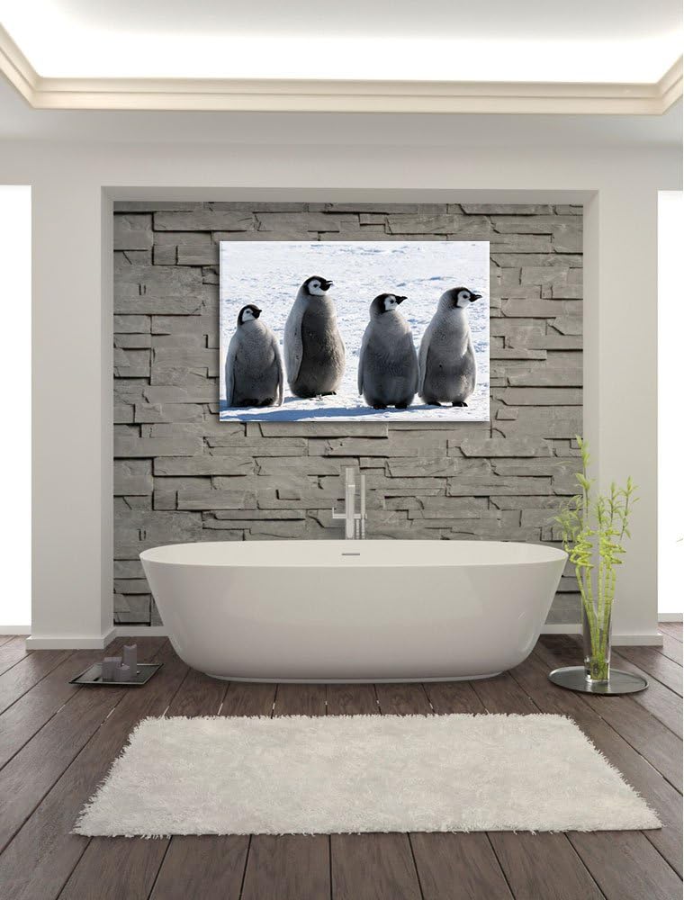 vier Kaiserpinguinküken Leinwand, XXL riesige Bilder fertig gerahmt mit Keilrahmen, Kunstdruck auf W