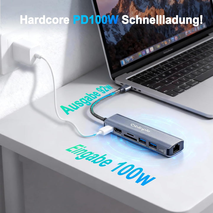 7 in 1 USB C Hub Gigabit Ethernet Adapter mit 4K@60Hz HDMI LAN RJ45 PD100W 2*USB 3.0 SD/TF Kartenles