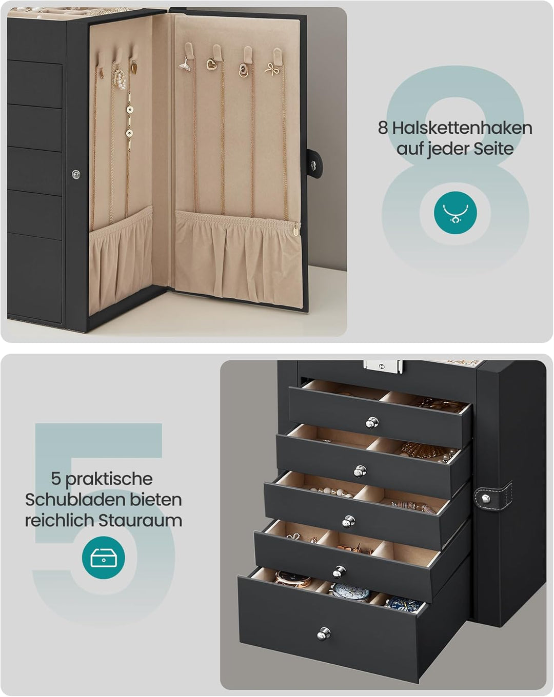 SONGMICS Schmuckkasten, grosse Schmuckschatulle mit 6 Ebenen, Schmuckkästchen mit seitlichen Klapptü