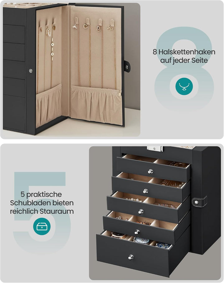 SONGMICS Schmuckkasten, grosse Schmuckschatulle mit 6 Ebenen, Schmuckkästchen mit seitlichen Klapptü