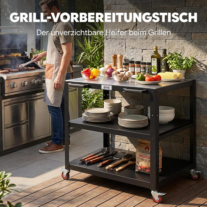 Feasto Grillwagen mit Edelstahl - Arbeitsplatte, 3 Etagen Grilltisch mit höhenverstellbaren Zwischen