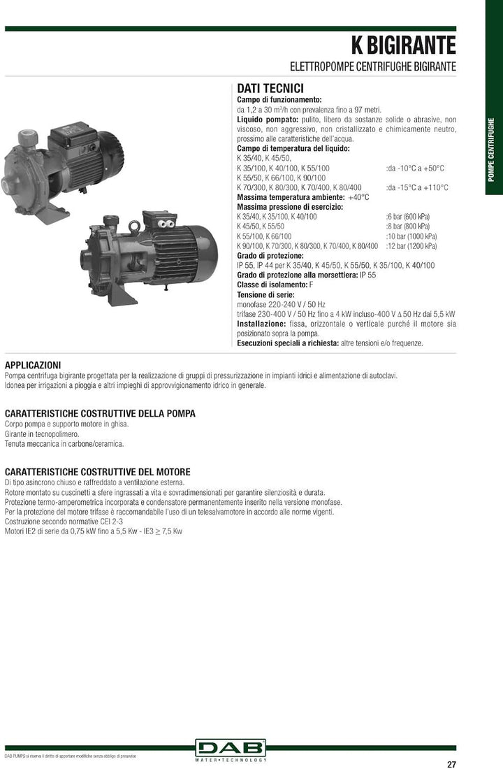 DAB K 45/50 T 1,5 HP 3 x 230-400 V ~ 3-Phasen-Kreiselpumpe zur Herstellung von Druckgruppen, Bewässe