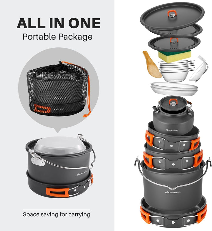 Odoland Camping Kochgeschirr Set 16 Teilig, Outdoor Geschirr Set mit 3 Topfe, Bratpfanne und Wasserk
