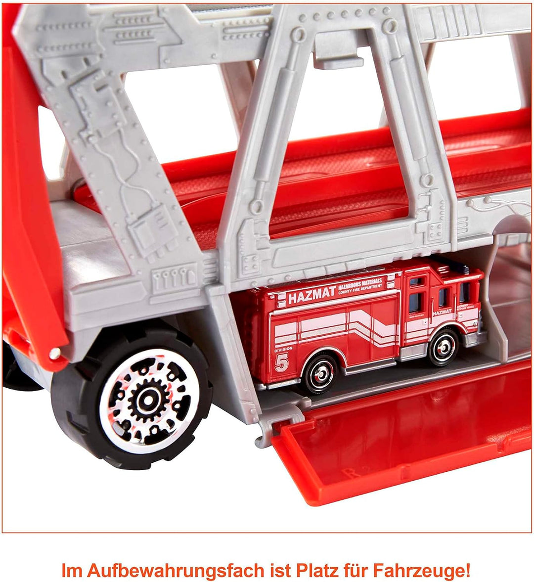 Matchbox HHJ12 - Feuerwehr-Rettungswagen Spielset, 1 Feuerwehr- Fahrzeug, Platz für 16 Autos, leicht