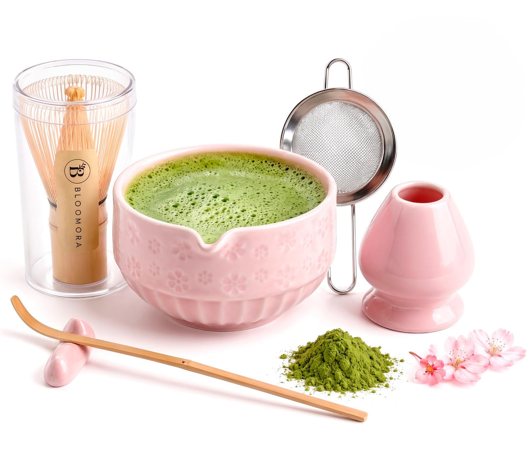 Matcha Set, Keramik Matcha Tee Set Mit Schale, Bambusbesen, Löffel, Sieb, Löffelablage, Besenhalter,