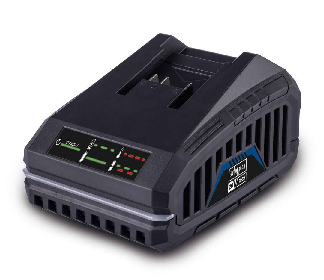 Scheppach 20V Ladegerät SBC4.5A Schnelladegerät mit 120W Leistung | 20V-IXES-Serie | integrierte Wan