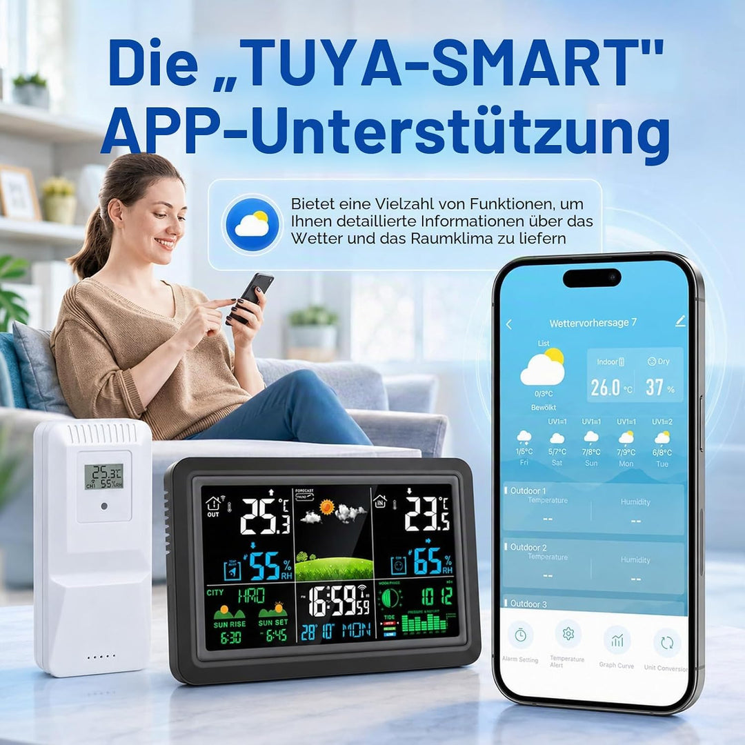 Wetterstation Wlan,Mit Aussensensor & Wettervorhersage,Mit App Tuya Und Smartlife,Batteriebetrieb Un