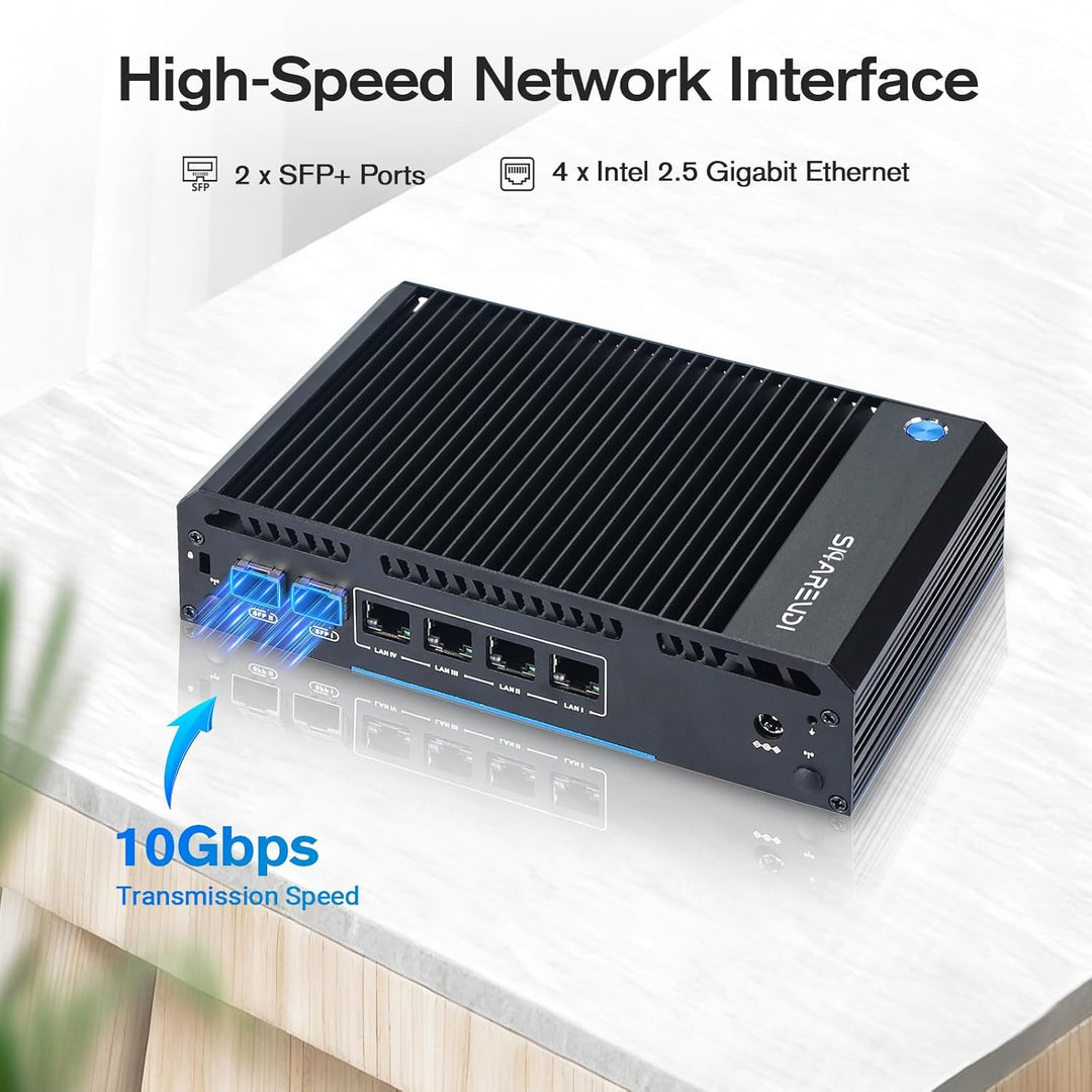 Sharevdi Lüfterloser Router Firewall Appliance Mini PC mit 2X SFP+ 4X Intel i226 LAN Ethernet Intel
