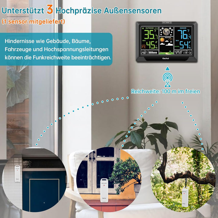 Eachui Wetterstation Funk mit Aussensensor Grosses Farbdisplay Funkwetterstation mit Wettervorhersag