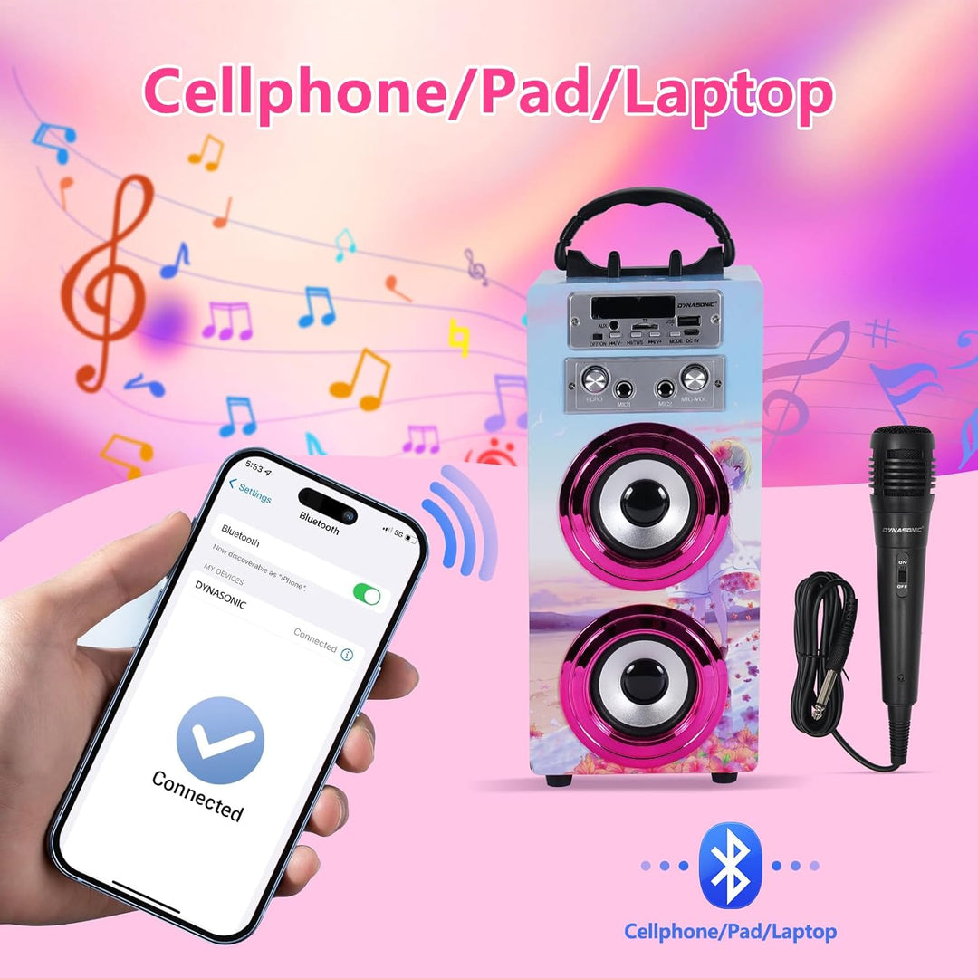 DYNASONIC Karaoke mit 2 Mikrofonen, tragbarer Karaoke-Maschine, Bluetooth-Lautsprecher, USB- und SD-