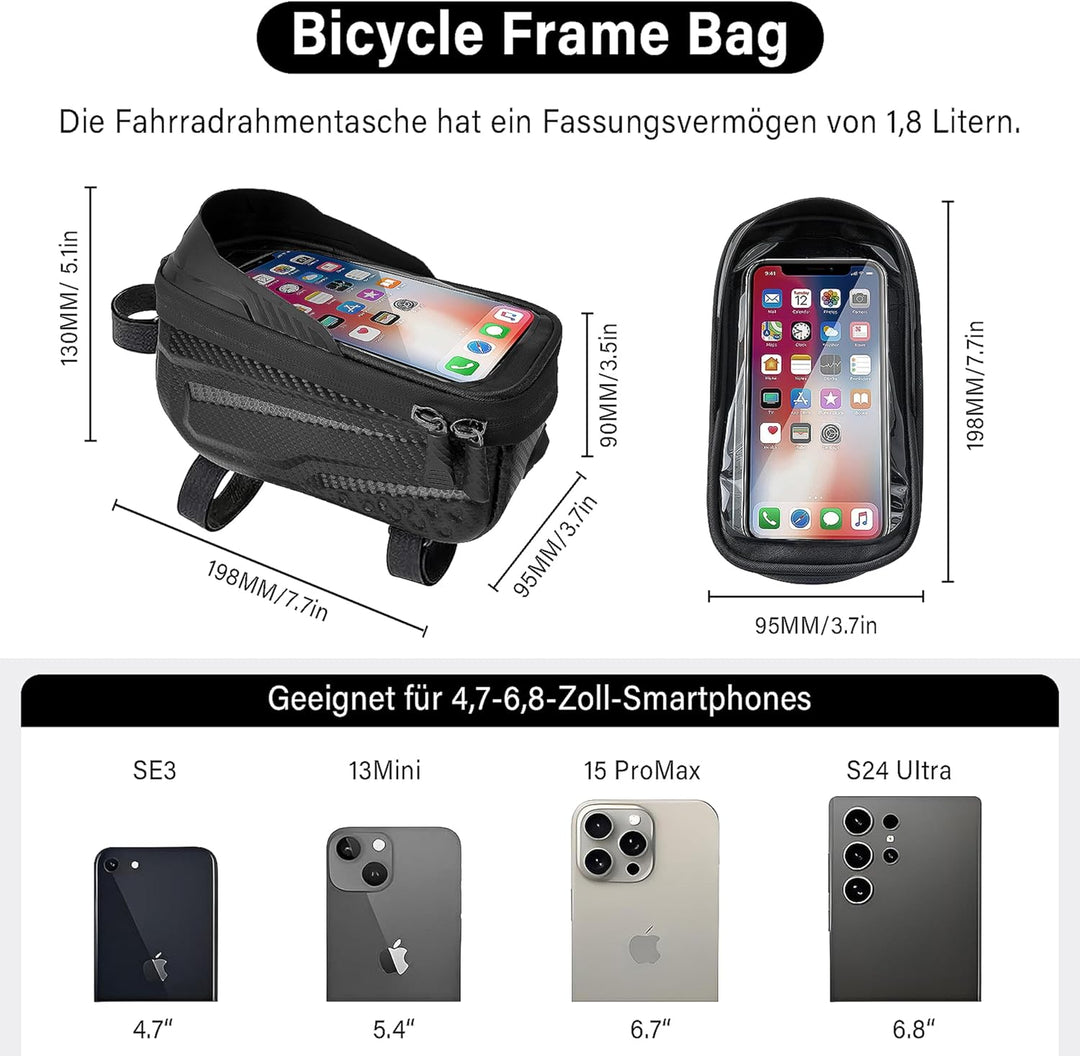 Fahrradtasche Rahmen,1.8L Wasserdicht Handytasche Fahrrad für Smartphone bis zu 6.8 Zoll,mit TPU Sen