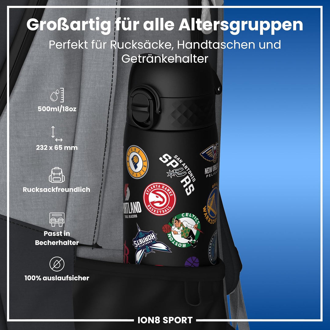 ion8 NBA Mehrere Teams Trinkflasche, 500 ml, Auslaufsicher, Einhandöffnung, Sichere Verriegelung, Sp