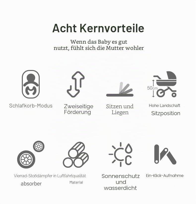 YAZOCO kinderwagen 3 in 1 Buggy Babybett Komplett Set Einem Klick Zusammenklappbarer Kinderwagen, Ko