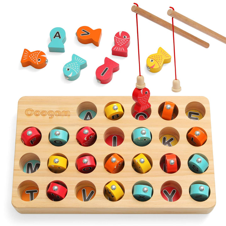 Coogam Hölzern Magnetisch Angelspiel, Feinmotorikspielzeug ABC-Alphabet-Farbsortierpuzzle, Montessor