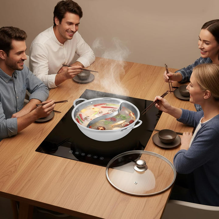 Hot Pot, Stainless Steel, 28/34cm,Twin Divided Hotpot, With Glass Lid Divider Mit Handgriff, Edelsta