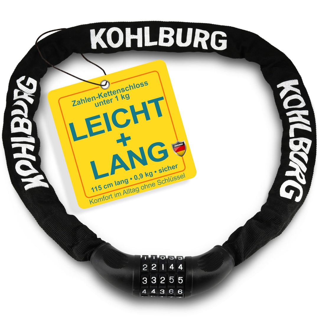 KOHLBURG sehr langes Zahlenschloss 115cm lang &amp; 6mm stark mit Zahlencode - starkes Kettenschloss mit