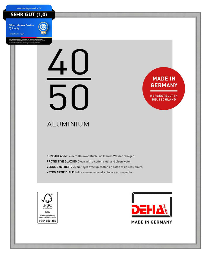 DEHA Design Bilderrahmen Boston, 40x50 cm, Aluminium Silber Matt, bruchsicheres Acrylglas, für Poste