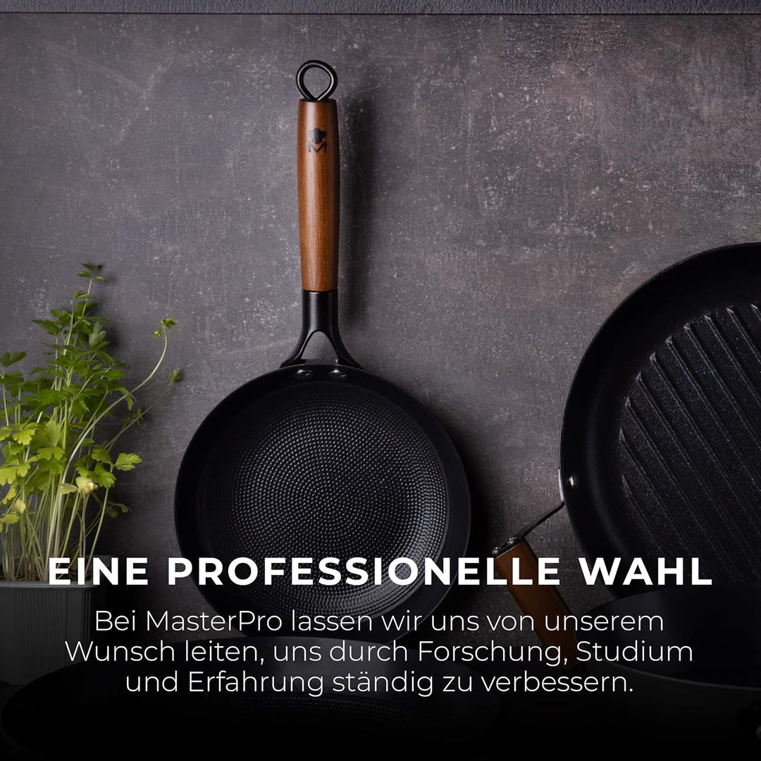 MasterPRO Odín | Pfanne Antihaftbeschichtet 16 cm | Aus Gepresstem Eisen | Ergonomischer Akazienholz