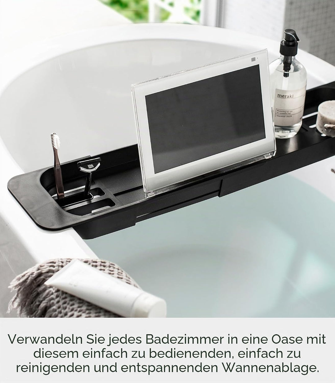 Extendable bathtub tray - Tower - black Schwarz, Schwarz